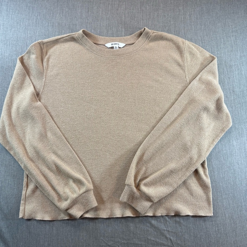 BB Dakota Tan Ribbed Knit Pullover Top Crewneck Sweater XL Coalsce Lounge